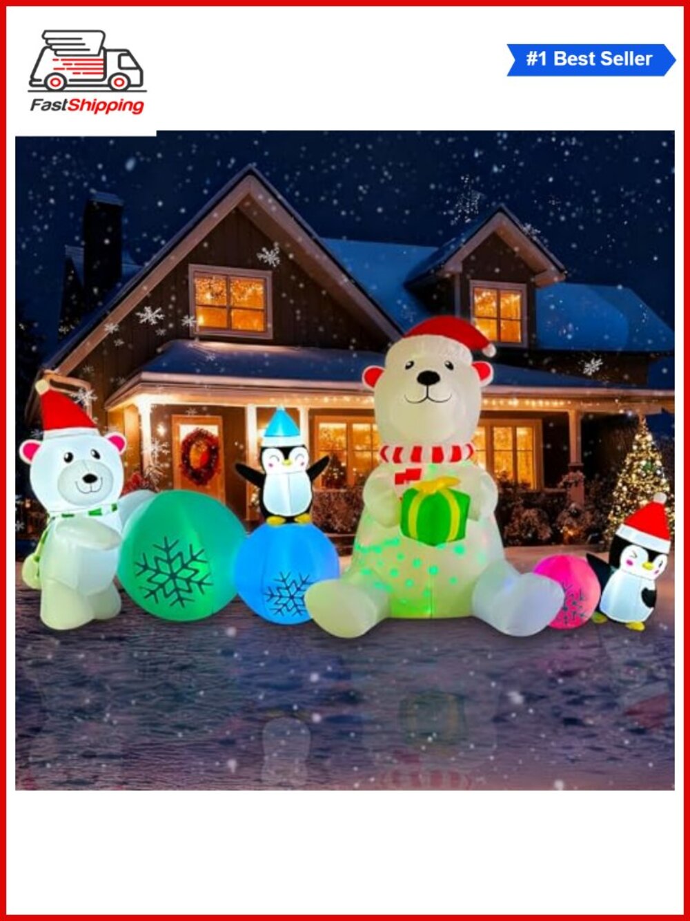 🎅 10 FT Christmas Inflatable Polar Bear Snowball Penguin LED Yard Decor